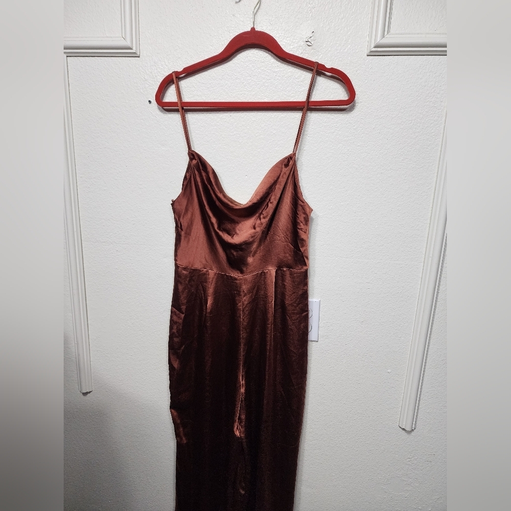 Lulus Perfect Night Brown Satin Cowl Neck Culotte Jumpsuit S Wedding Party - Picture 7 of 12